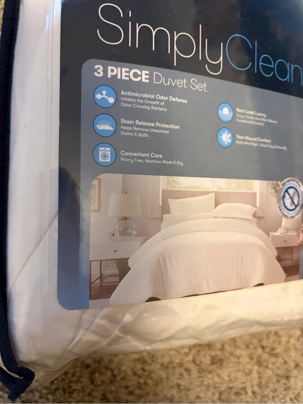 SERTA Simply Clean 3 Piece Solid Duvet Cover Set, White, Full/Queen NEW